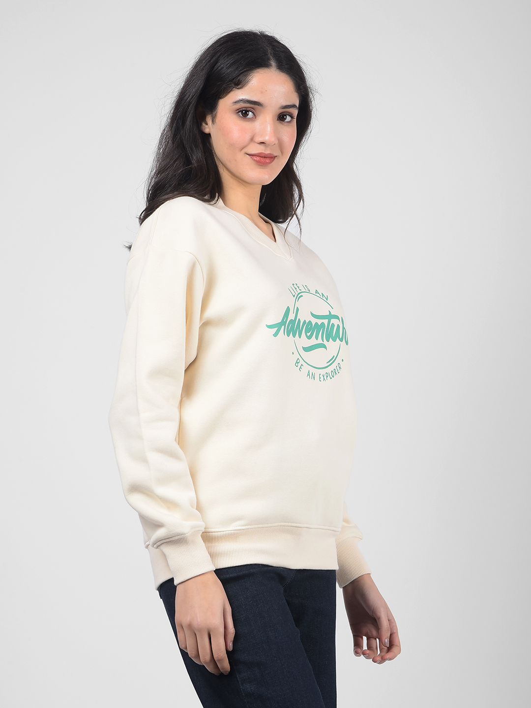 Numero Uno Women Cream V-Neck Sweatshirts